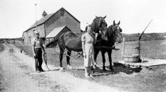 Photograph of Earl and Dora Swan with team of horses in front of barn.