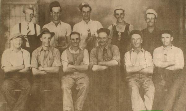 Picture of a group of Jersey owners from Harvey Station, York Co., N.B. Back Row. George Tray, Ronald Little, Dayton Davis, Burns Little, Bradshaw Coburn. Front Row. Gilbert Robison, Maurice Lister, Donald Know, Arthur Cunningham, Giff Lister, Sterling Little. Original photograph in collection of Earl Patterson. Image Thanks to J. Hall.